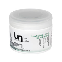 Unwash Charcoal Detox Scrub bottle shows purifying scalp action for a refreshed feel.