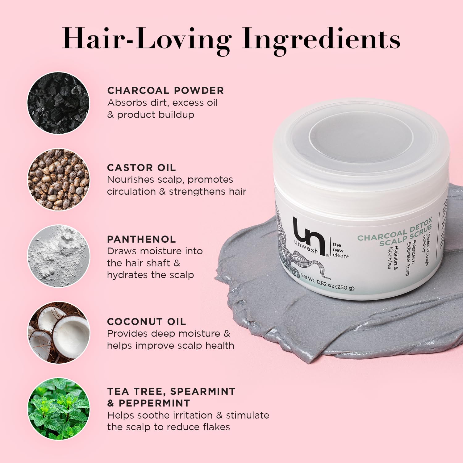 Unwash Charcoal Detox Scrub foamy lather during wash promotes a clean, clarified scalp.