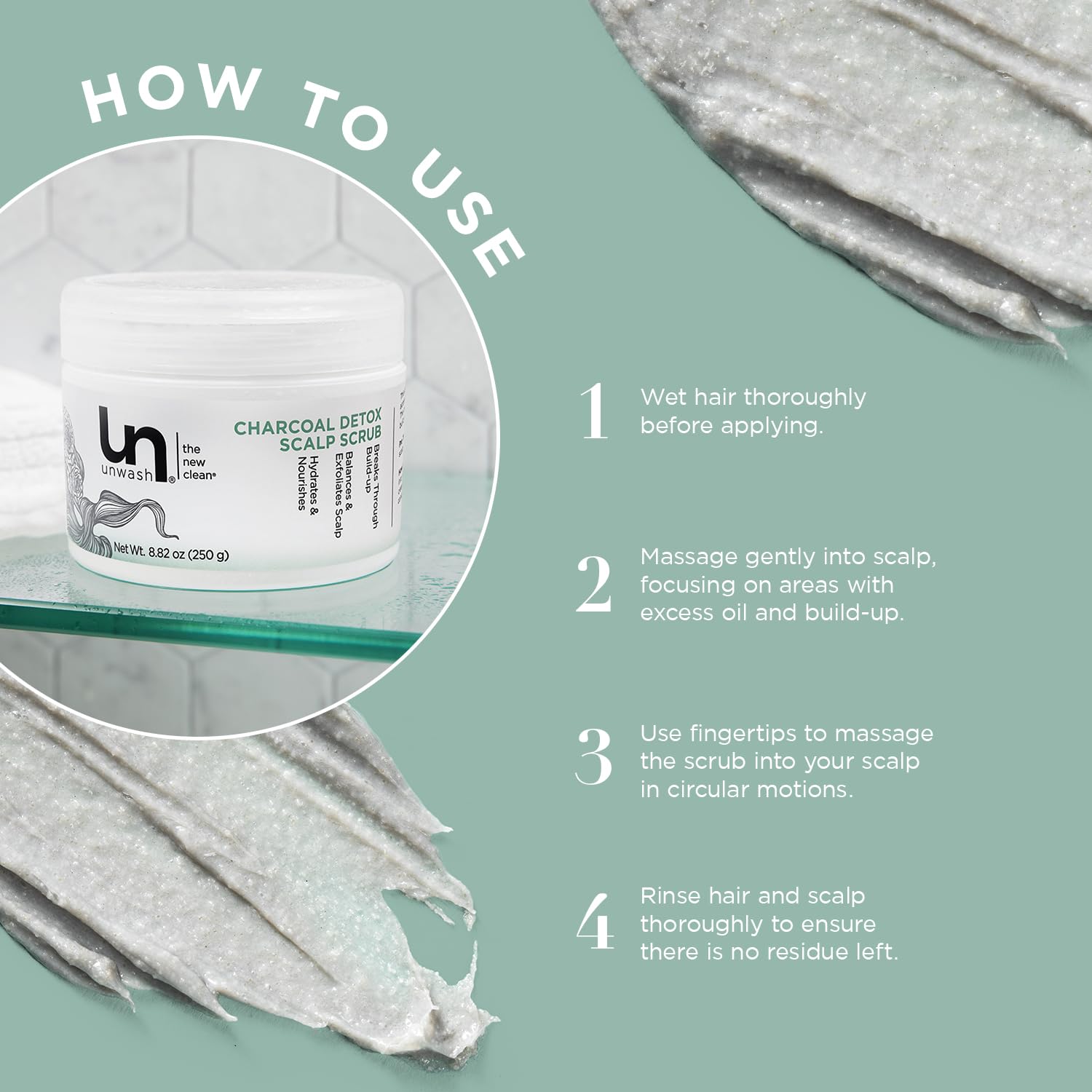 Unwash Charcoal Detox Scrub swirl shows charcoal drawing out impurities for detox.