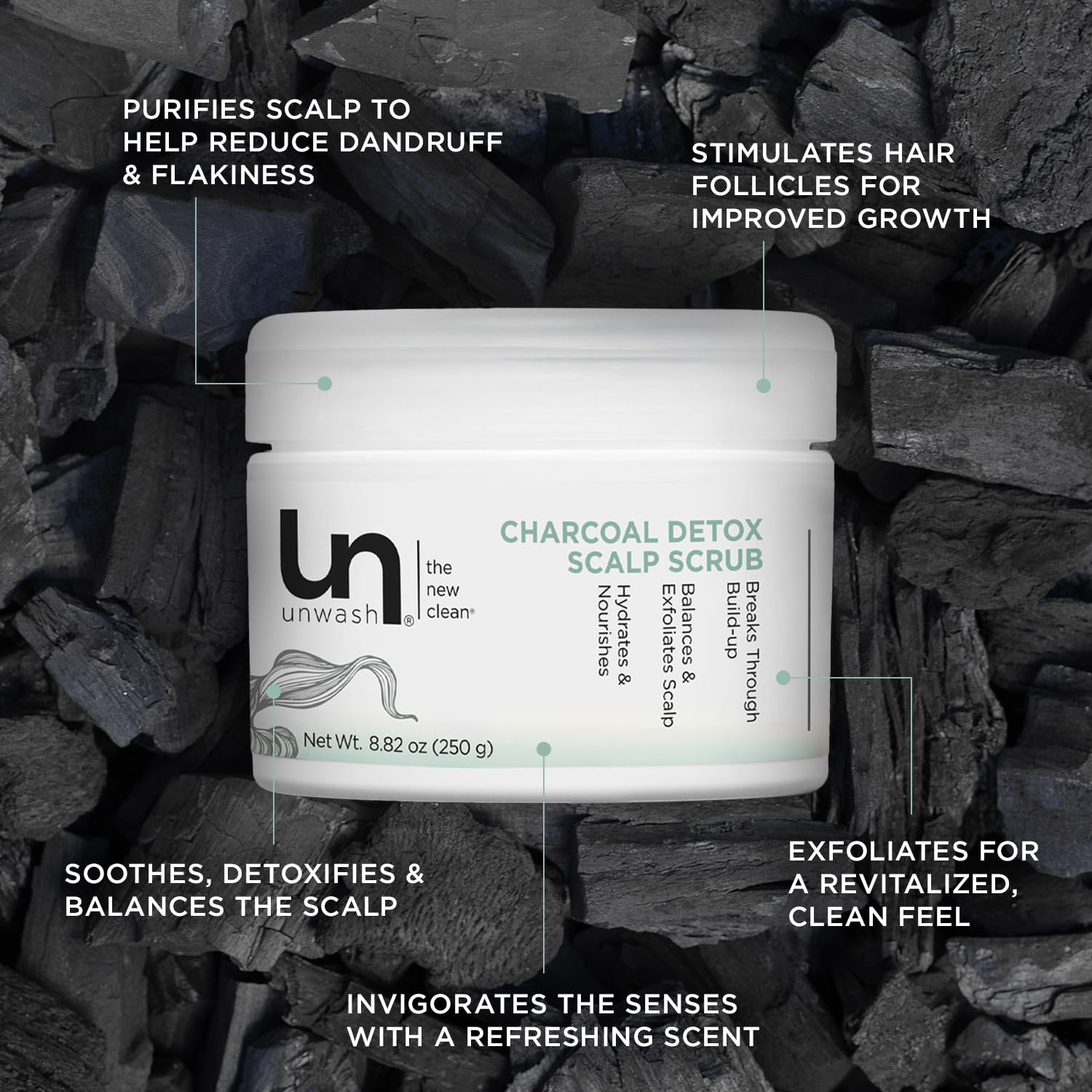 Unwash Charcoal Detox Scrub texture close-up highlighting charcoal purifying action on scalp.