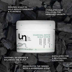Unwash Charcoal Detox Scrub texture close-up highlighting charcoal purifying action on scalp.