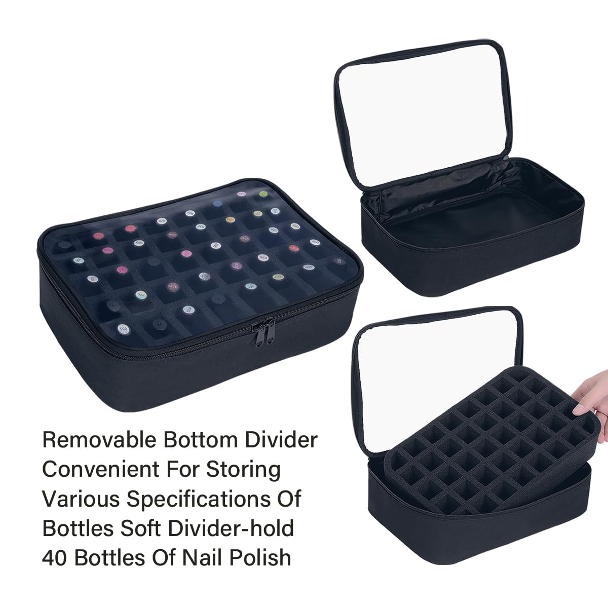 UOZL small clear nail polish organizer detachable partitions enable custom bottle sizing.