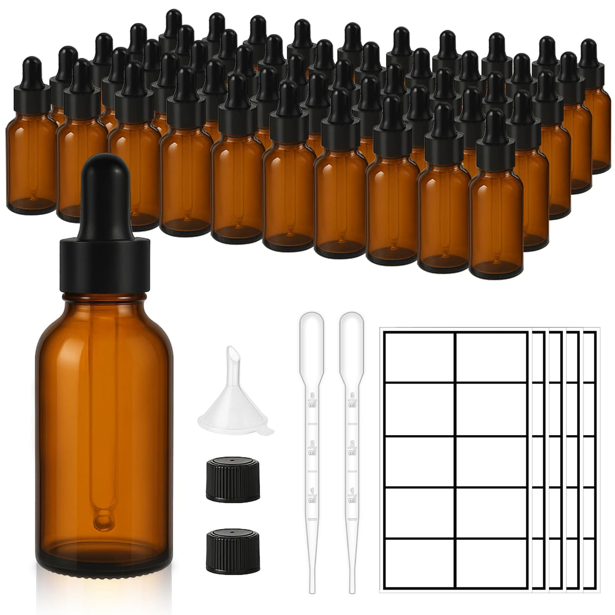 UPBUD 50-pack amber glass bottles with funnels for organized dispensing