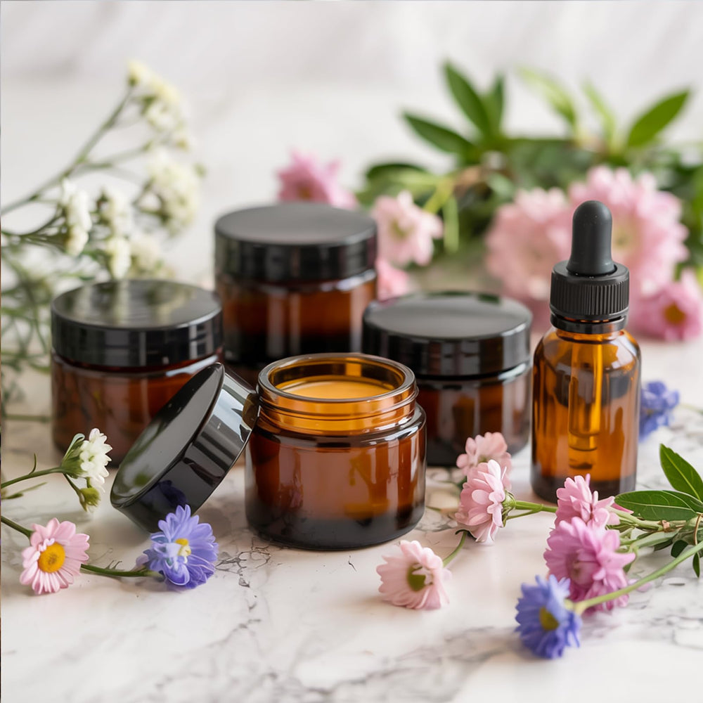 UPBUD travel-size amber jar fits bags for on-the-road skincare