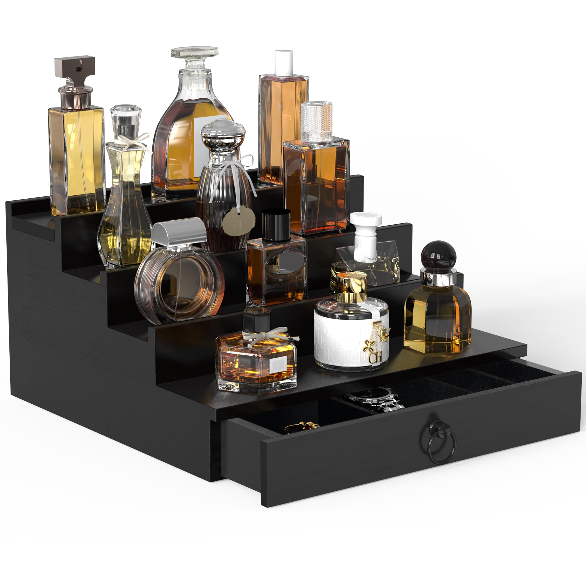 upcessory Cologne Organizer 4-tier black wood displays multiple bottles at a glance