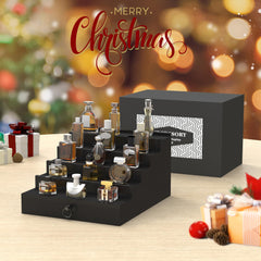 Upcessory Cologne shelf with drawer and hidden compartment for secure storage.