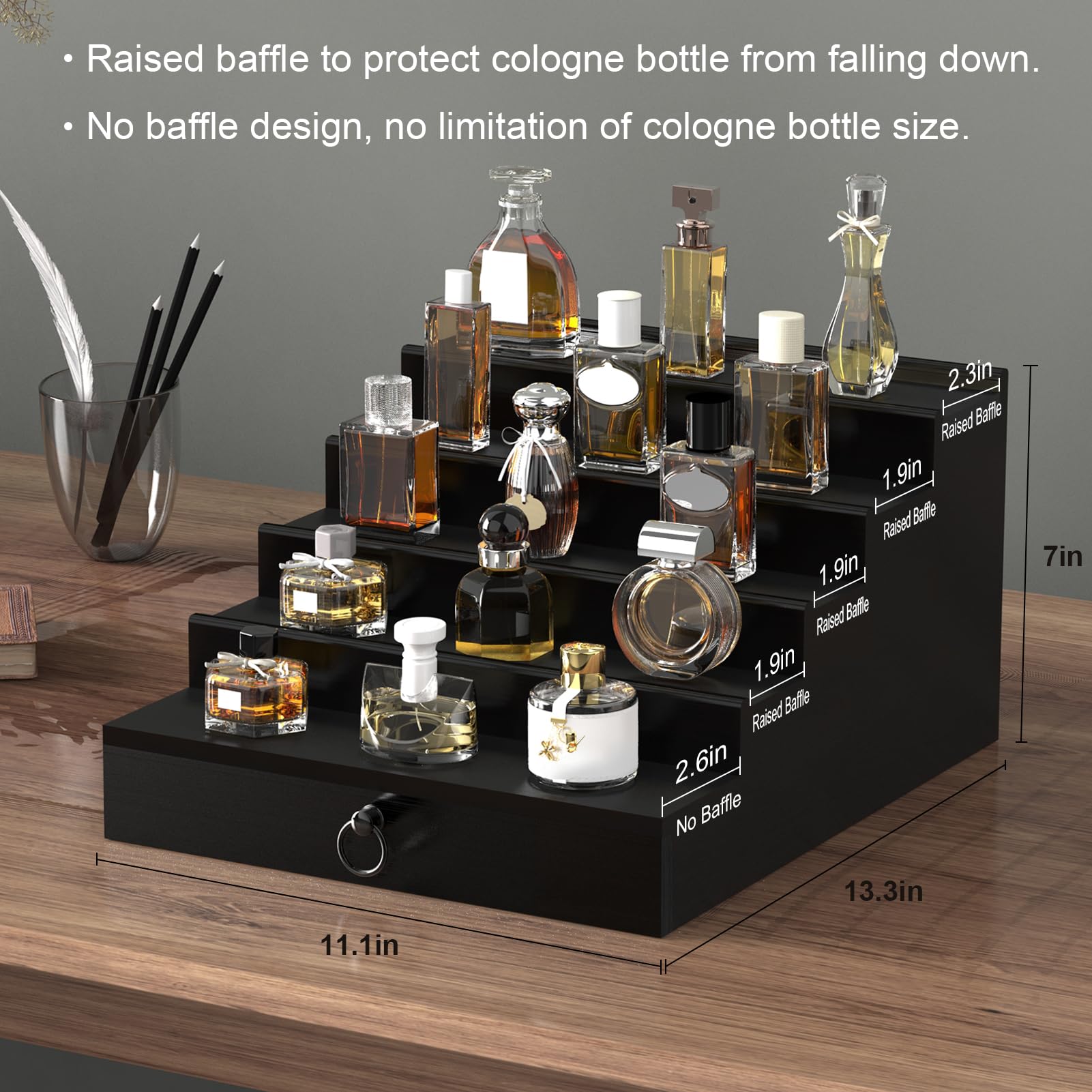 Upcessory wood perfume display with plush lining protects bottles.