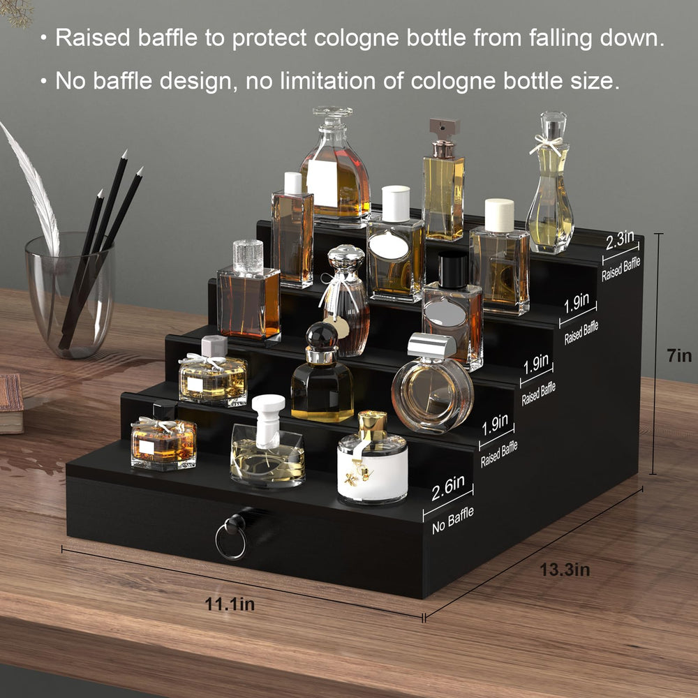 Upcessory wood perfume display with plush lining protects bottles.
