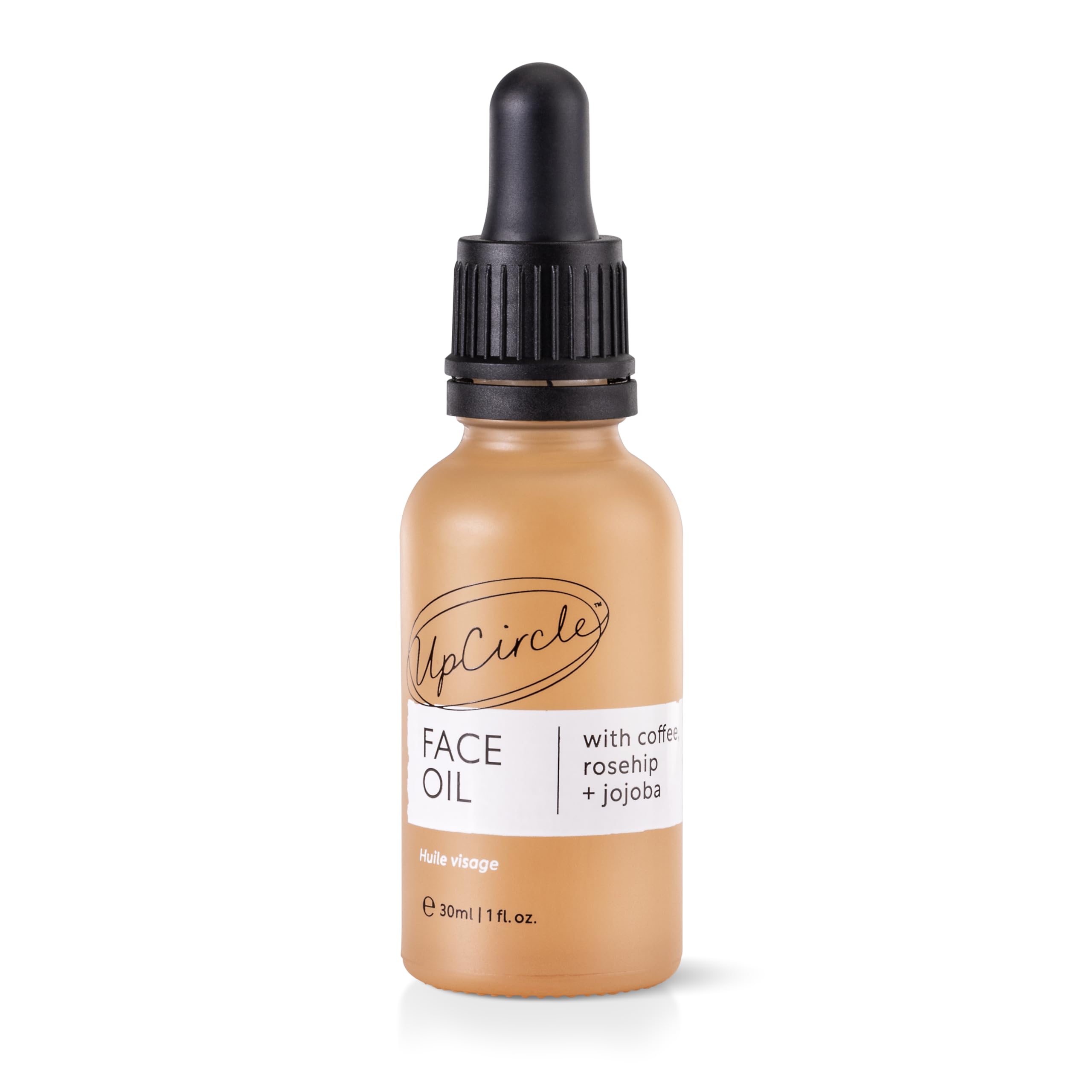 UpCircle coffee oil serum bottle close-up for hydrated skin