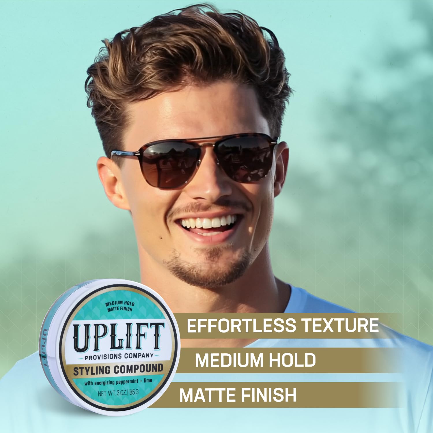 Uplift Provisions Styling Compound hair application demonstrating medium hold for flexible styling