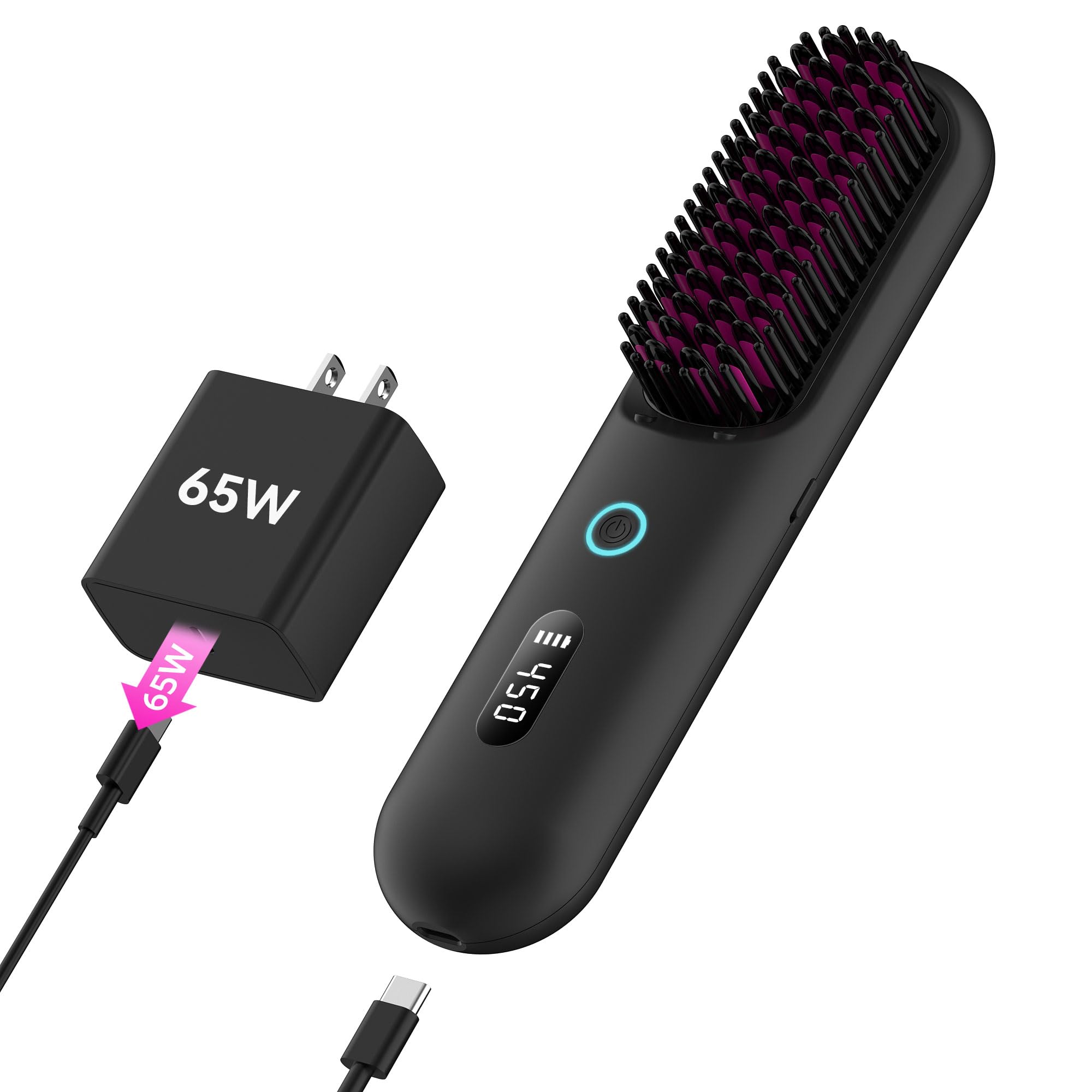 UPoetry cordless hair straightener brush front view for on-the-go styling and quick touch-ups