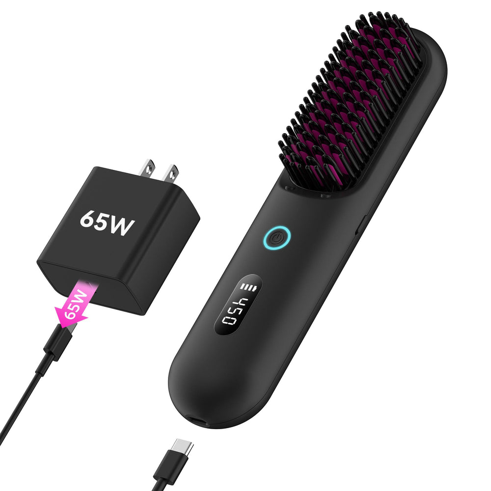 UPoetry cordless hair straightener brush front view for on-the-go styling and quick touch-ups