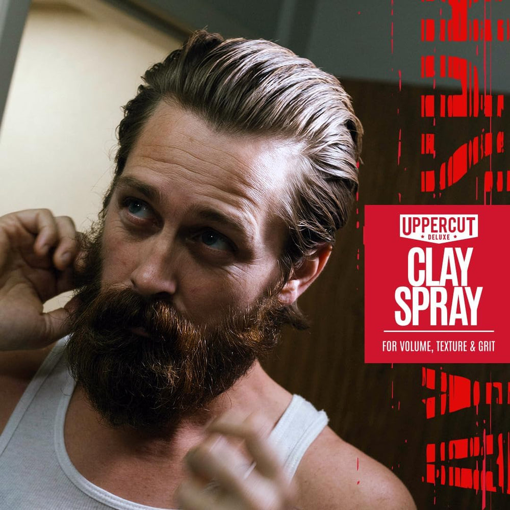 UPPERCUT DELUXE clay spray bottle-closeup-pour highlights non-aerosol convenience.