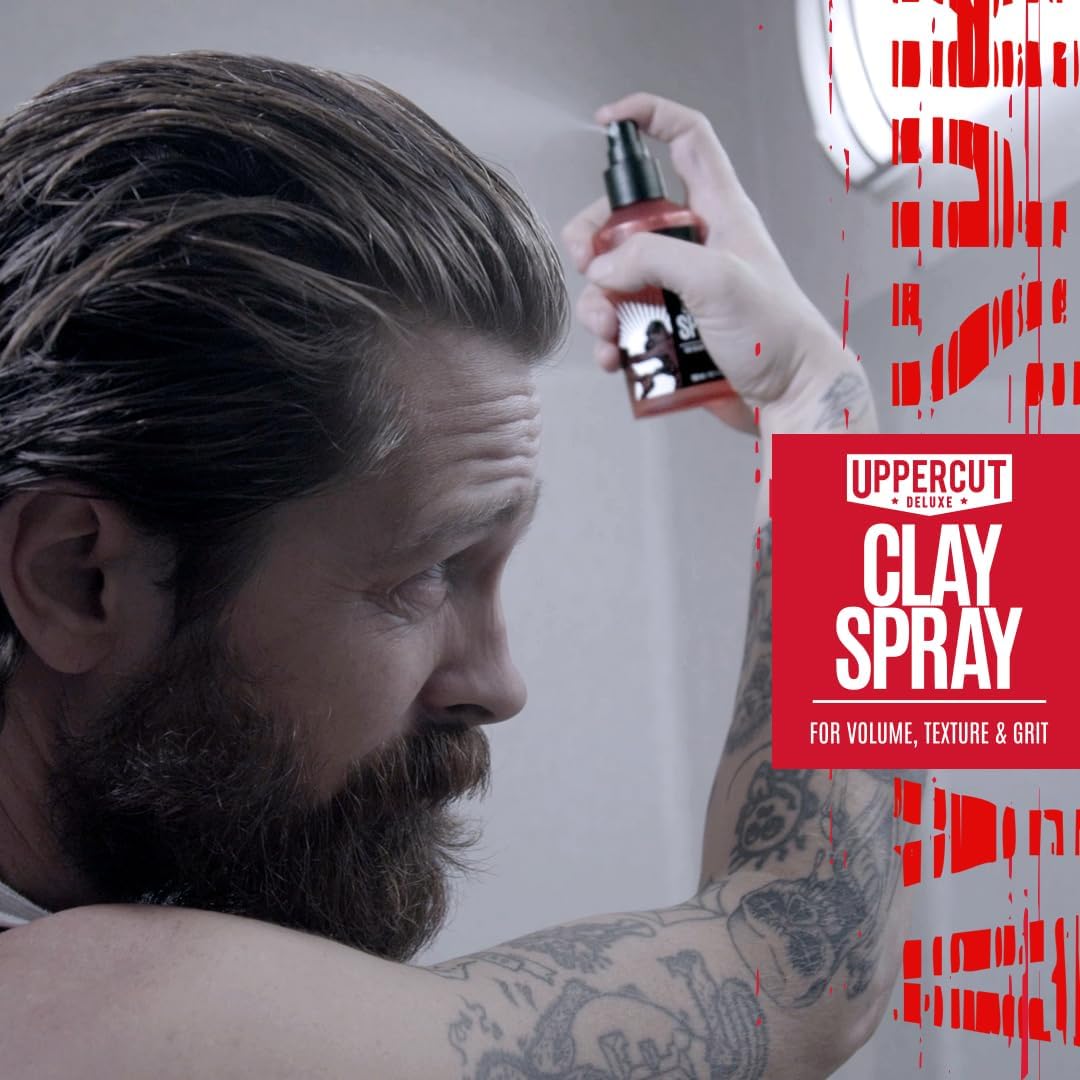 UPPERCUT DELUXE clay spray texture-hair delivers textured volume for longer styles.