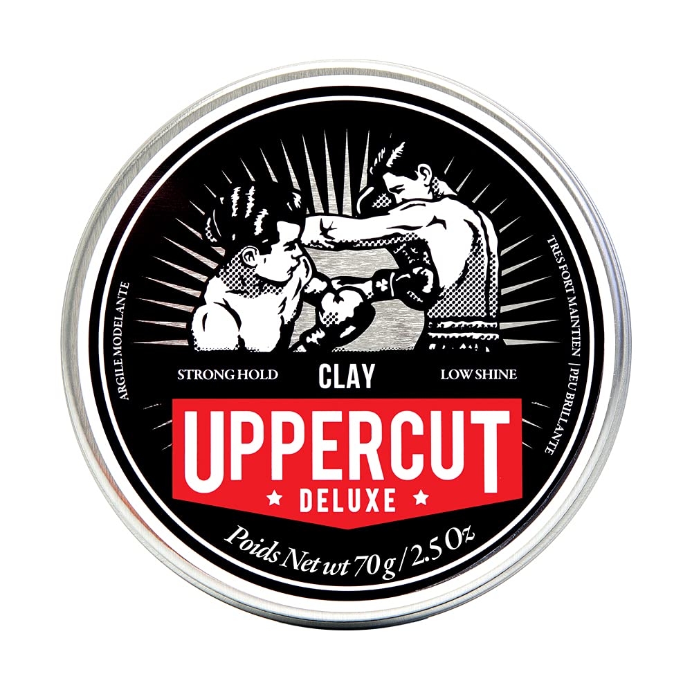 Uppercut Deluxe Clay strong hold low shine bottle demonstrates firm control for textured styles.