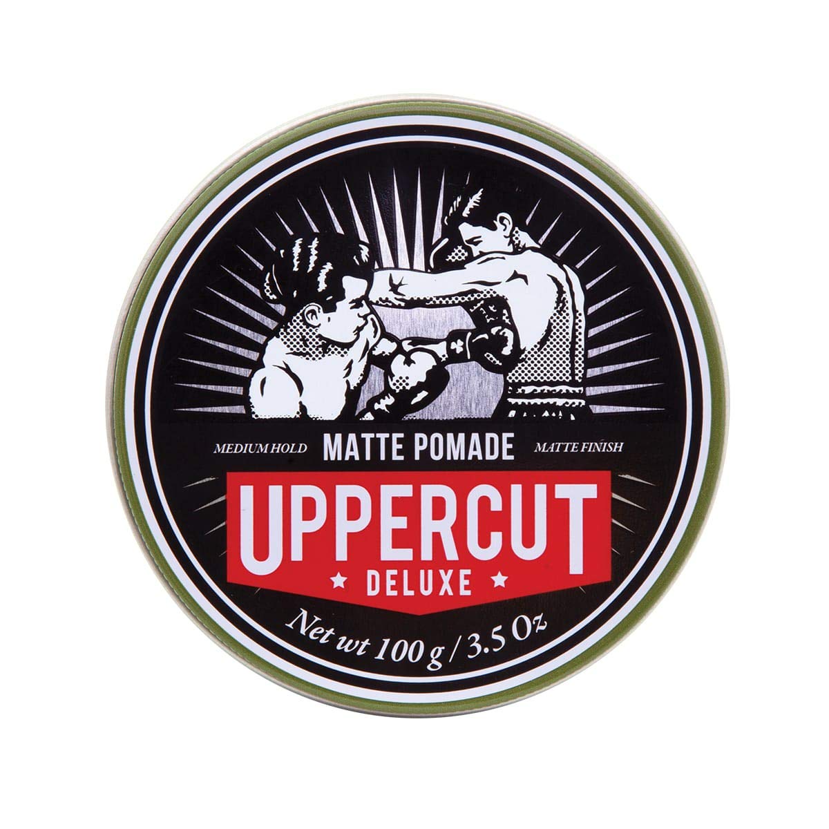 Uppercut Deluxe Matte Pomade jar closeup shows creamy texture for easy styling