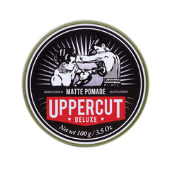 Uppercut Deluxe Matte Pomade jar closeup shows creamy texture for easy styling