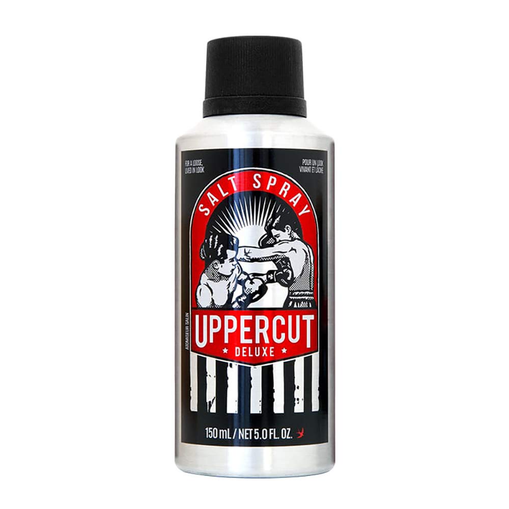 UPPERCUT DELUXE salt spray bottle closeup for lightweight hold and natural finish.