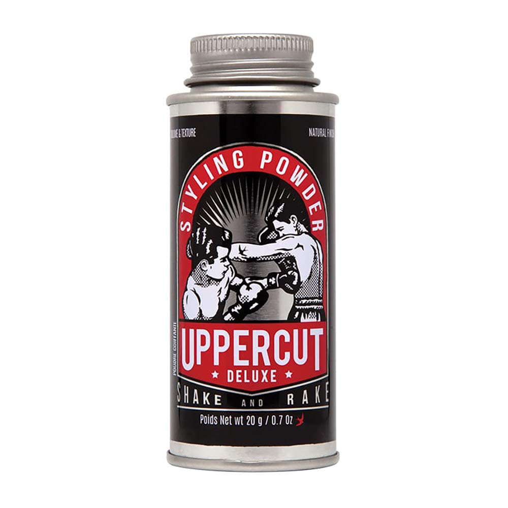 UPPERCUT DELUXE styling powder packaging shows compact tin for easy on-the-go styling
