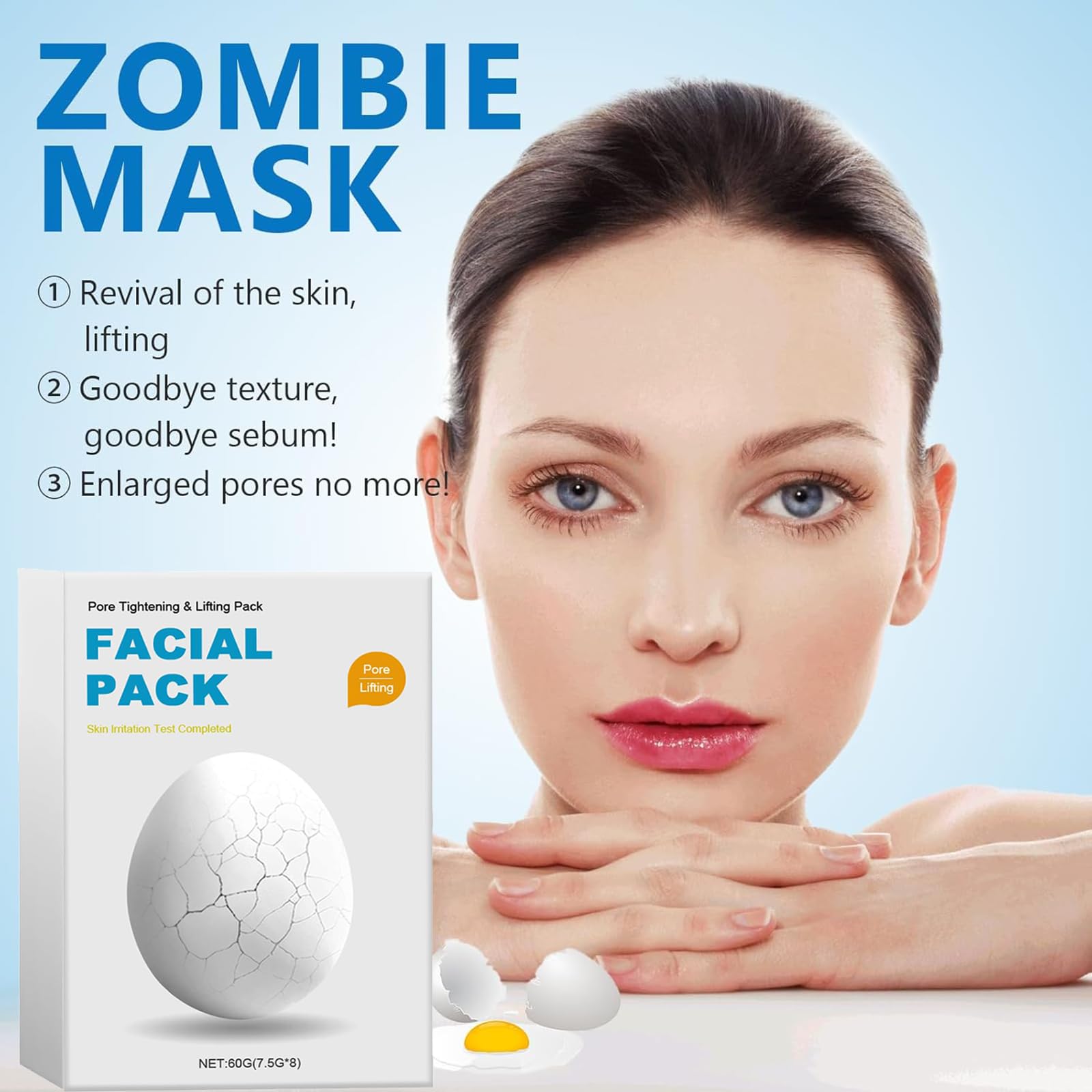 URABOS Zombie Mask on-face close-up highlights hydrating, plumping skincare effects.