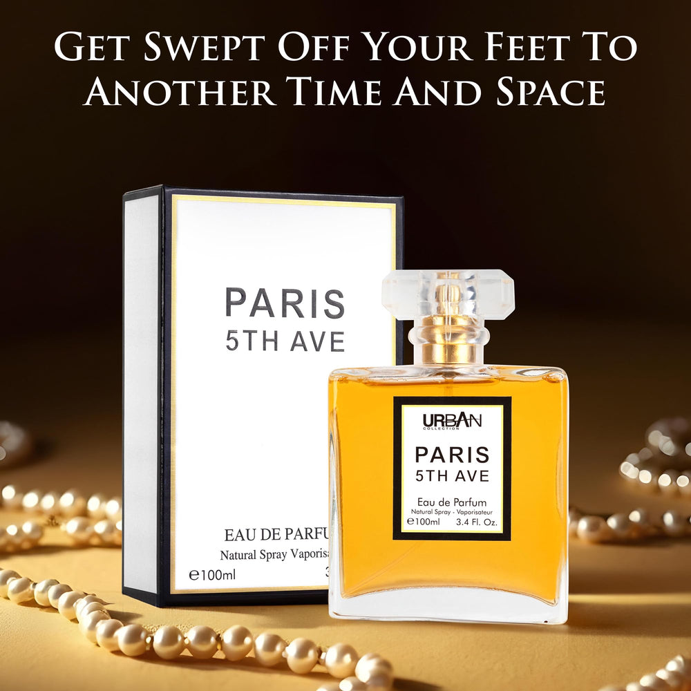 Urban Collection Paris 5th Avenue glass bottle on surface evokes timeless luxury.