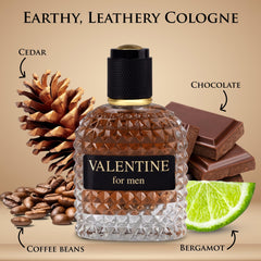 Urban Collection Valentine base notes leather cedar deliver lasting masculine scent for evenings.