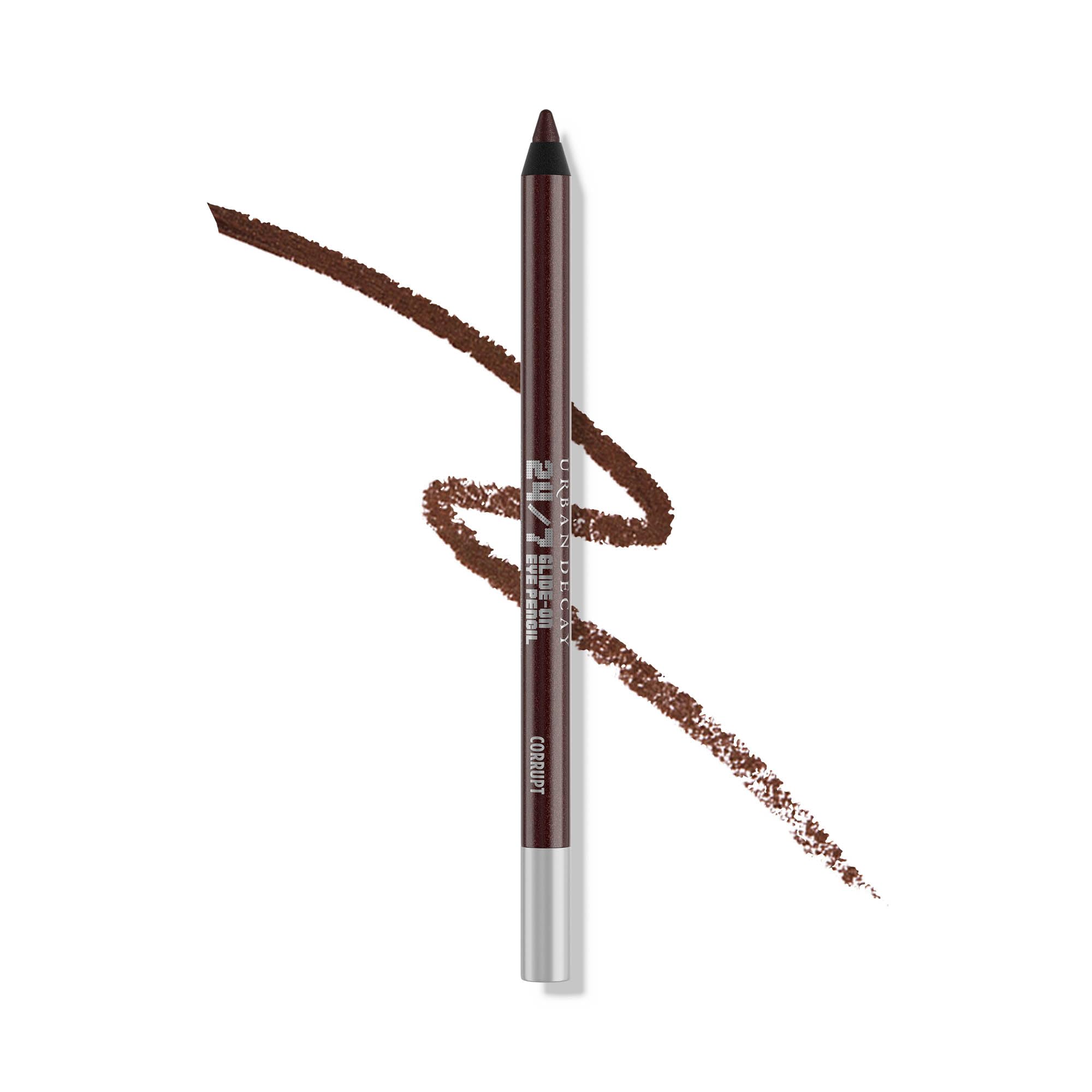 Urban Decay 24/7 Glide-On Corrupt swatch with metallic red-brown shimmer.