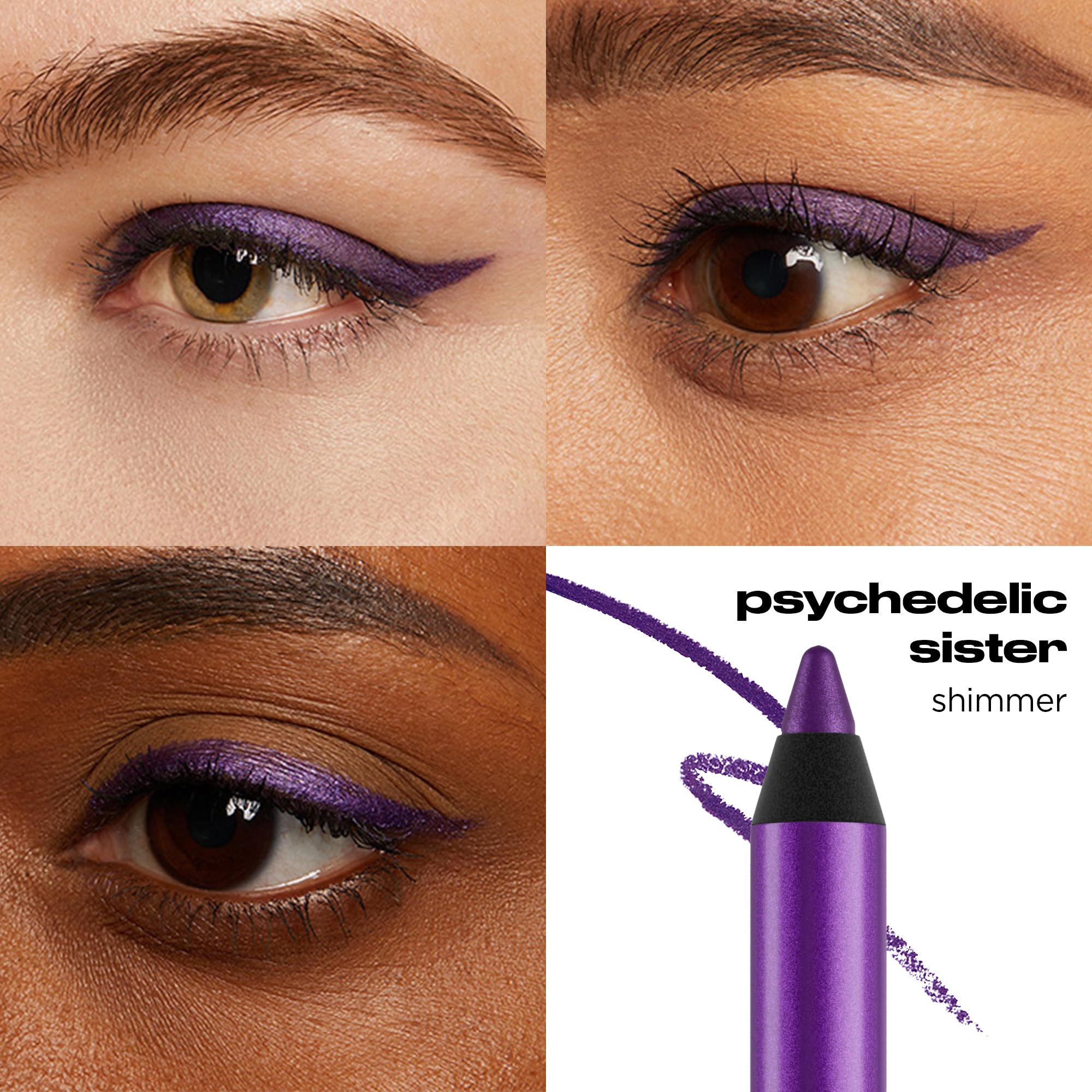Urban Decay Psychedelic Sister eyeliner pencil vibrant purple shimmer enhances smoky eye.