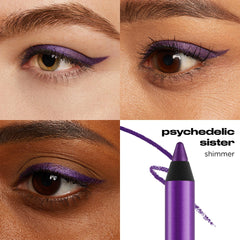 Urban Decay Psychedelic Sister eyeliner pencil vibrant purple shimmer enhances smoky eye.