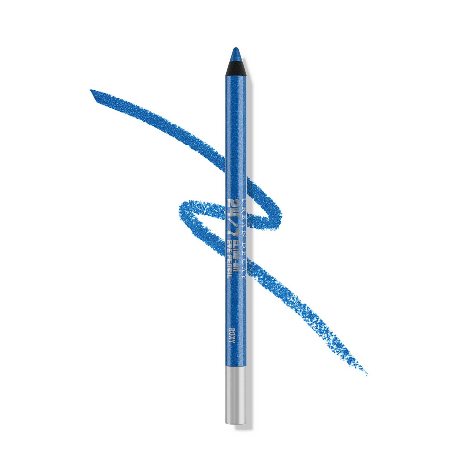 Urban Decay 24/7 Glide-On Eyeliner in Roxy shows metallic blue pencil for all-day color.