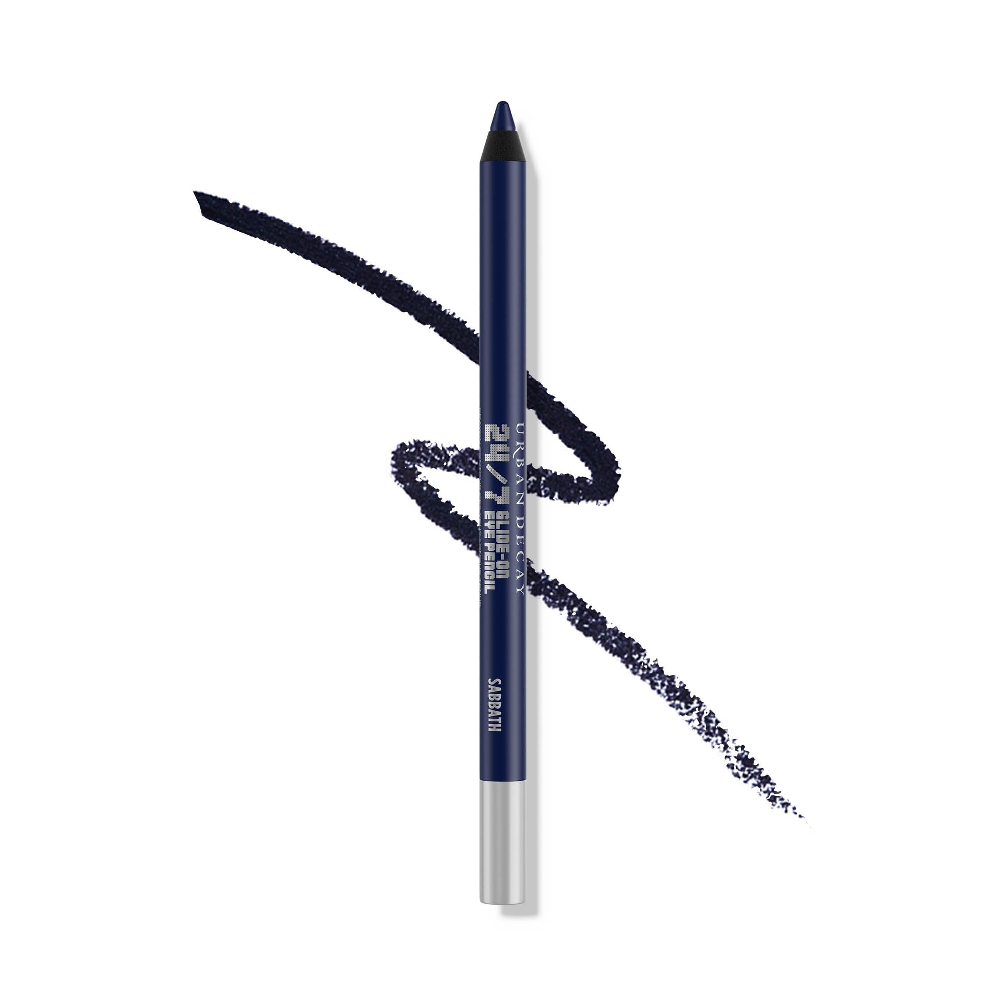 URBAN DECAY 24/7 Sabbath swatch shows rich navy matte for lasting definition.