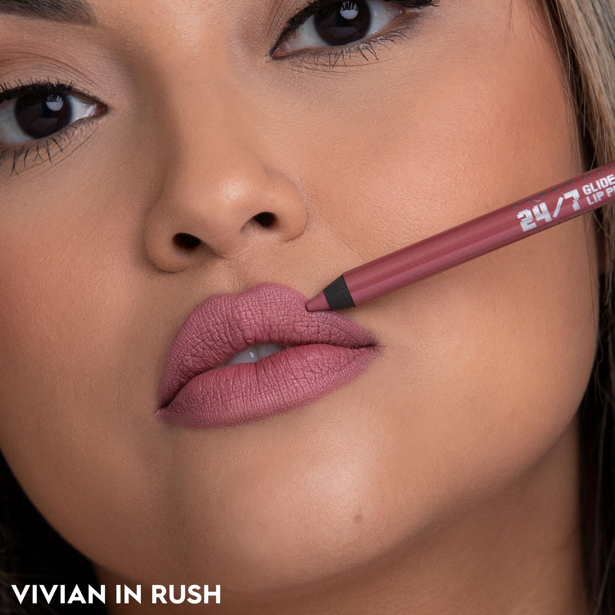 Urban Decay 24/7 Glide-On Lip Pencil Rush packaging closeup shows premium design