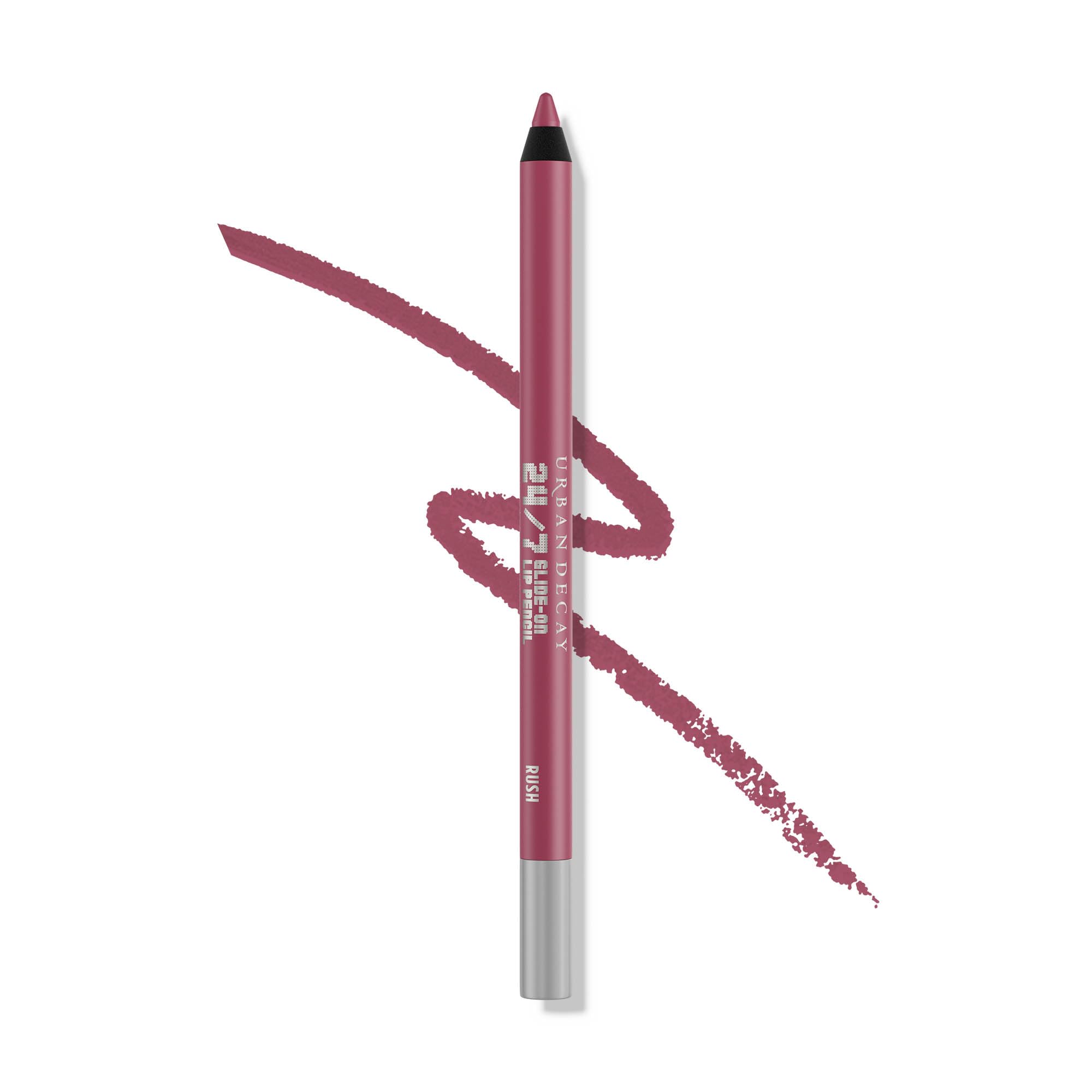 Urban Decay 24/7 Glide-On Lip Pencil Rush swatch shows pink mauve with soft pearl for lasting definition