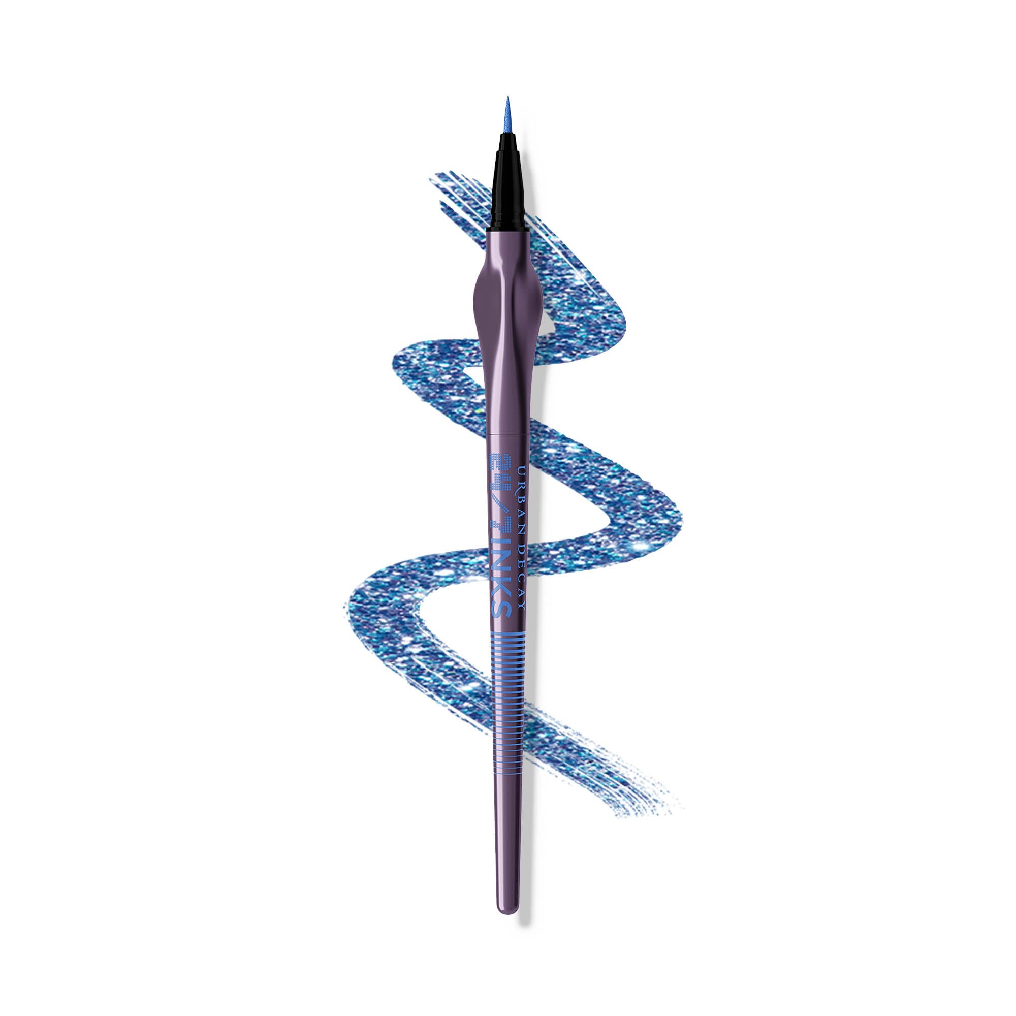 URBAN DECAY 24/7 Inks Hi Energy blue shimmer brush-tip closeup shows precise control for sharp lines