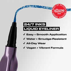 URBAN DECAY 24/7 Inks Hi Energy blue shimmer brush-tip wings highlights precise winged liner look