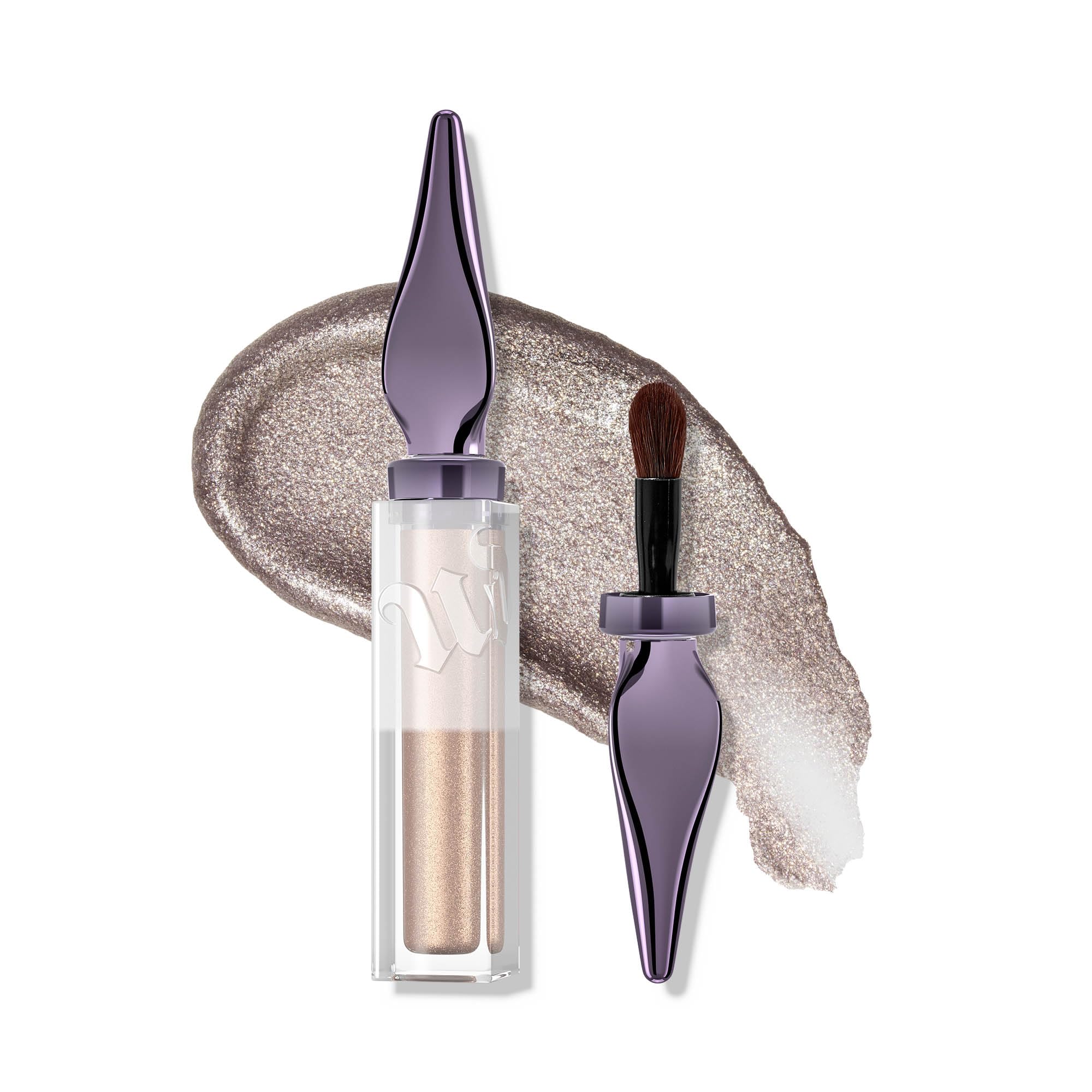 URBAN DECAY 24/7 Glaze-On Silver Spooning swatch highlights radiant silver shimmer.