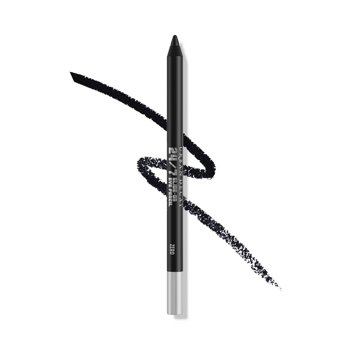 Urban Decay 24/7 Glide-On eyeliner pencil close-up shows matte black crisp lines