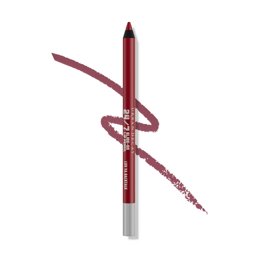 Urban Decay 24/7 Glide-On lip pencil in Luv Ya Backtalk swatch shows creamy, long-wearing mauve.