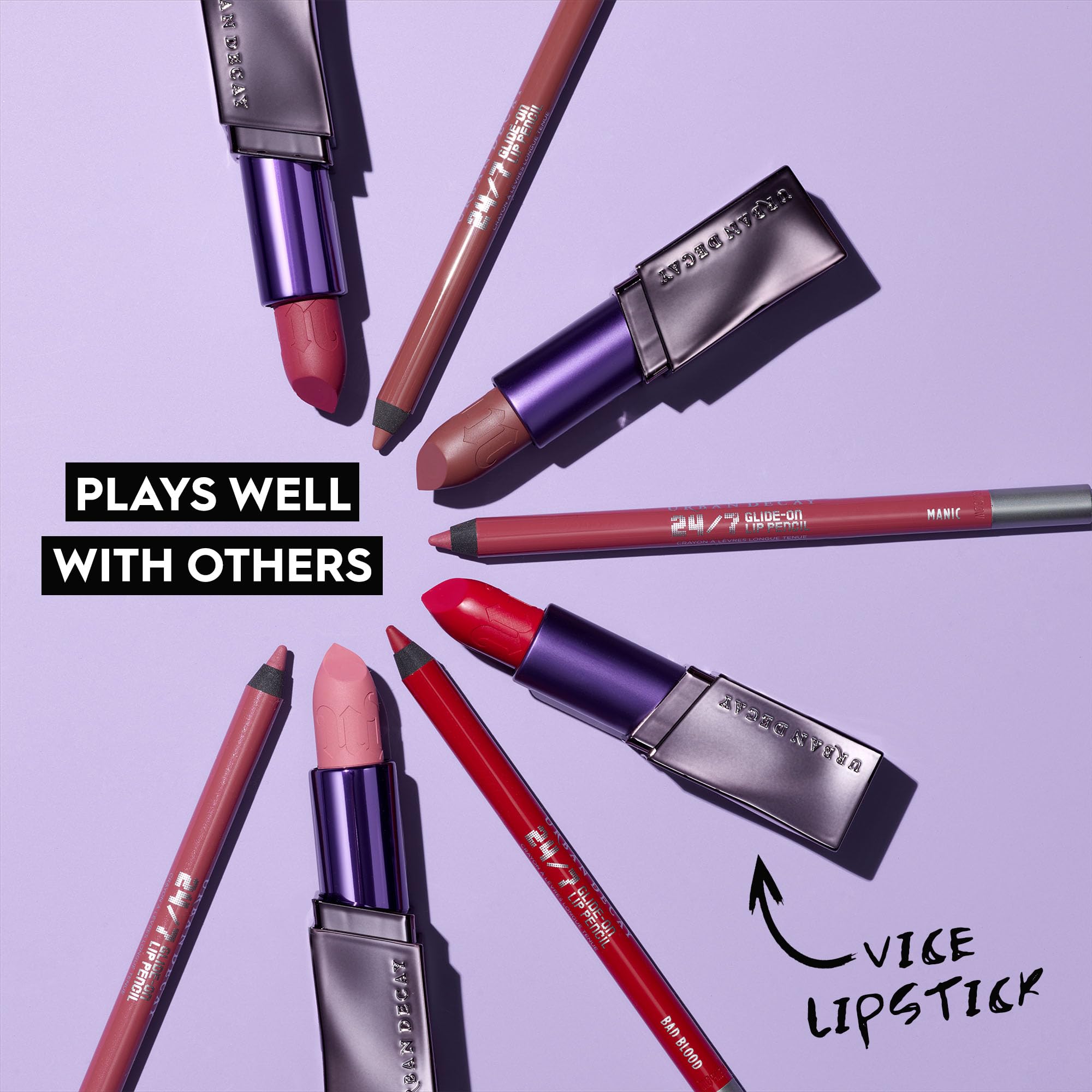 Urban Decay 24/7 Lip Pencil Peyote swatch showcases metallic dusty mauve rose color.