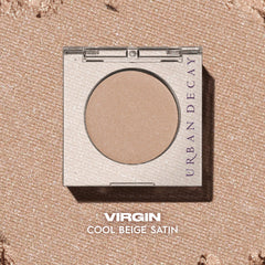 Urban Decay 24/7 Virgin eyeshadow finger application close-up for intense payoff and smooth blend.