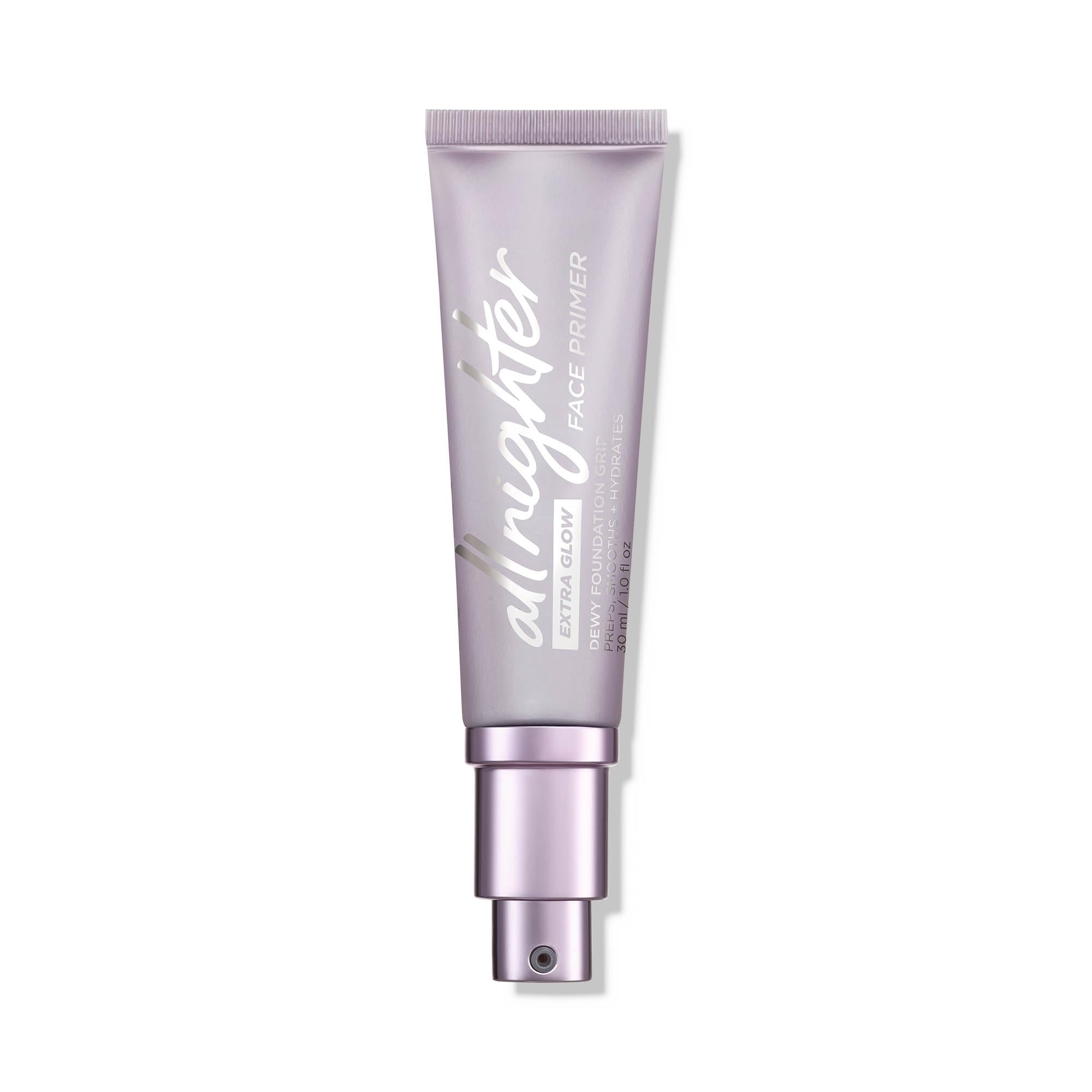 Urban Decay All Nighter Extra Glow Primer bottle with dewy finish for lasting makeup.