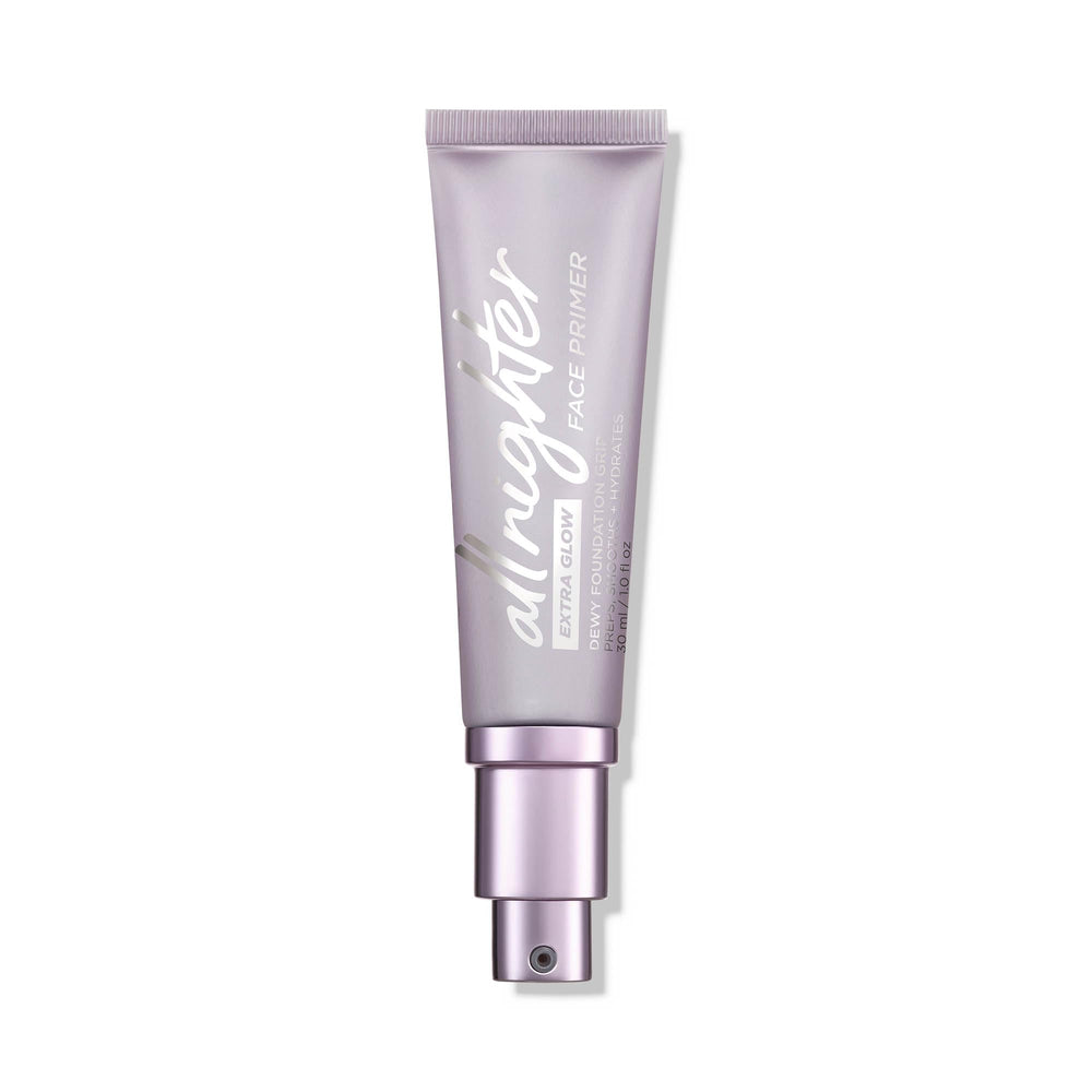 Urban Decay All Nighter Extra Glow Primer bottle with dewy finish for lasting makeup.