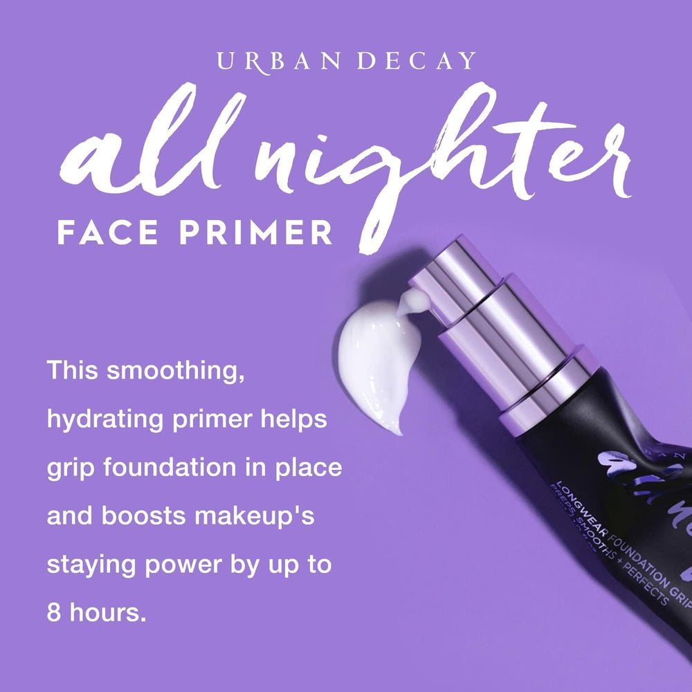 Urban Decay All Nighter fingertips applying primer for even, breathable skin prep.