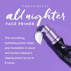 Urban Decay All Nighter fingertips applying primer for even, breathable skin prep.