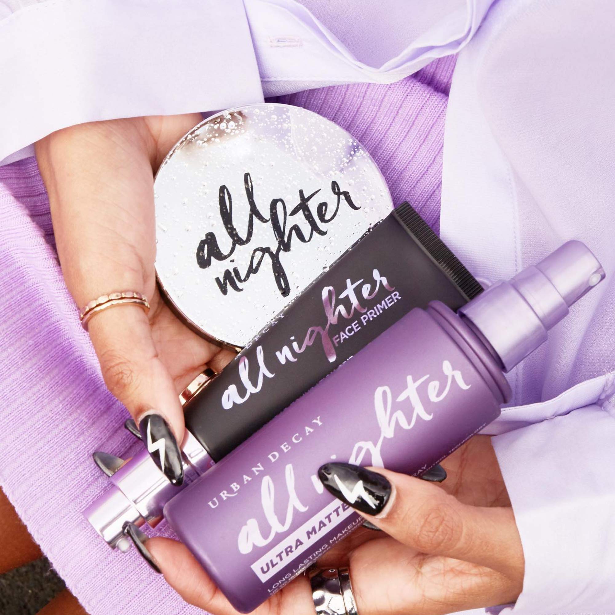 Urban Decay All Nighter primer hydration glow finish shown in close-up for luminous skin.