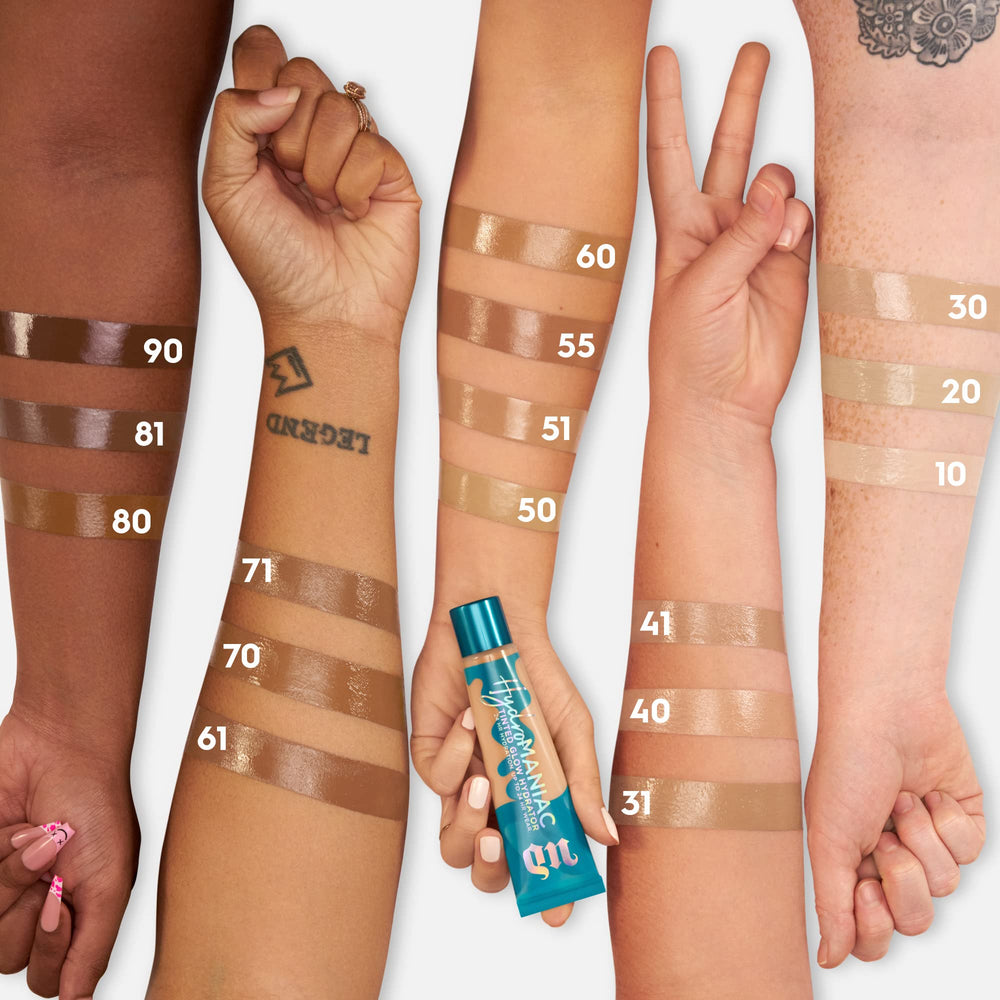 Urban Decay Hydromaniac application with fingers demonstrates easy blend for natural finish.