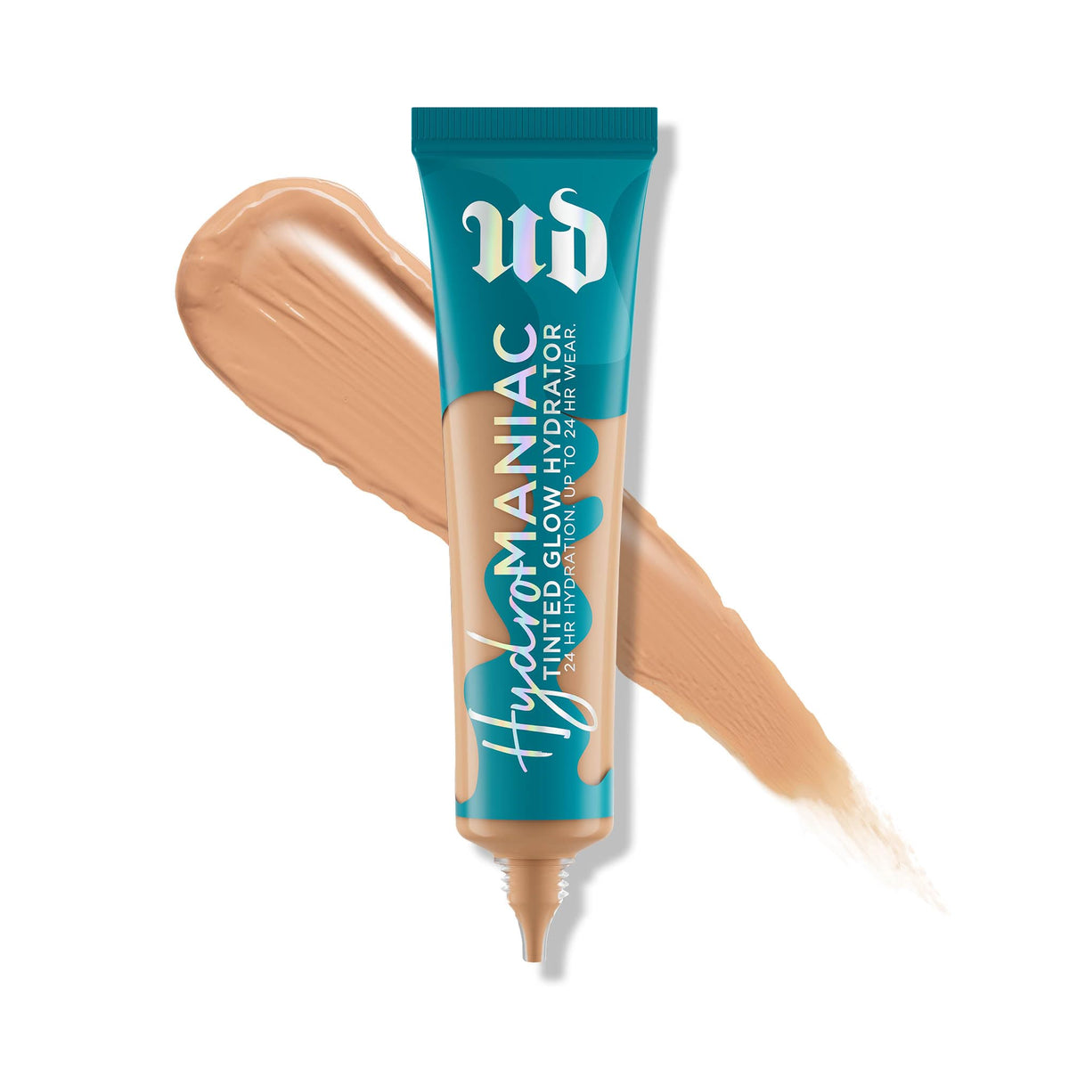 Urban Decay Hydromaniac bottle closeup shows hydrating formula for radiant skin.