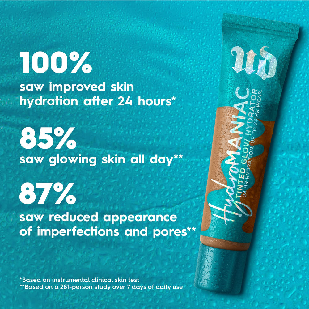 Urban Decay Hydromaniac skin tone swatches in light neutral show buildable coverage.