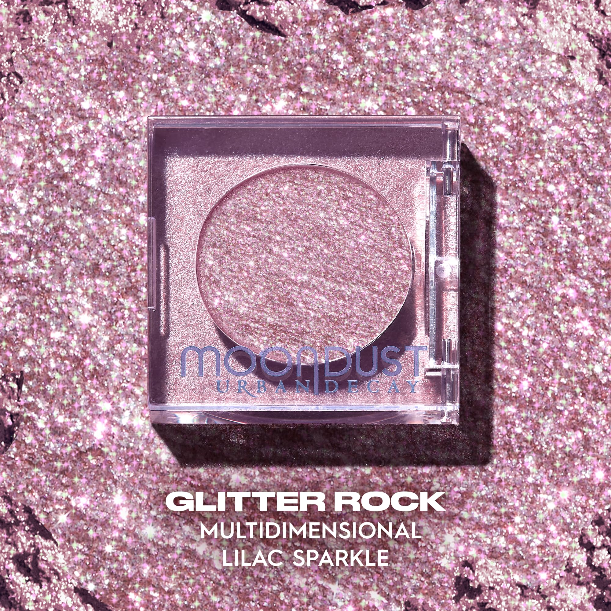 Urban Decay Moondust micro-fine glitter demonstrates refined, chunk-free sparkle.