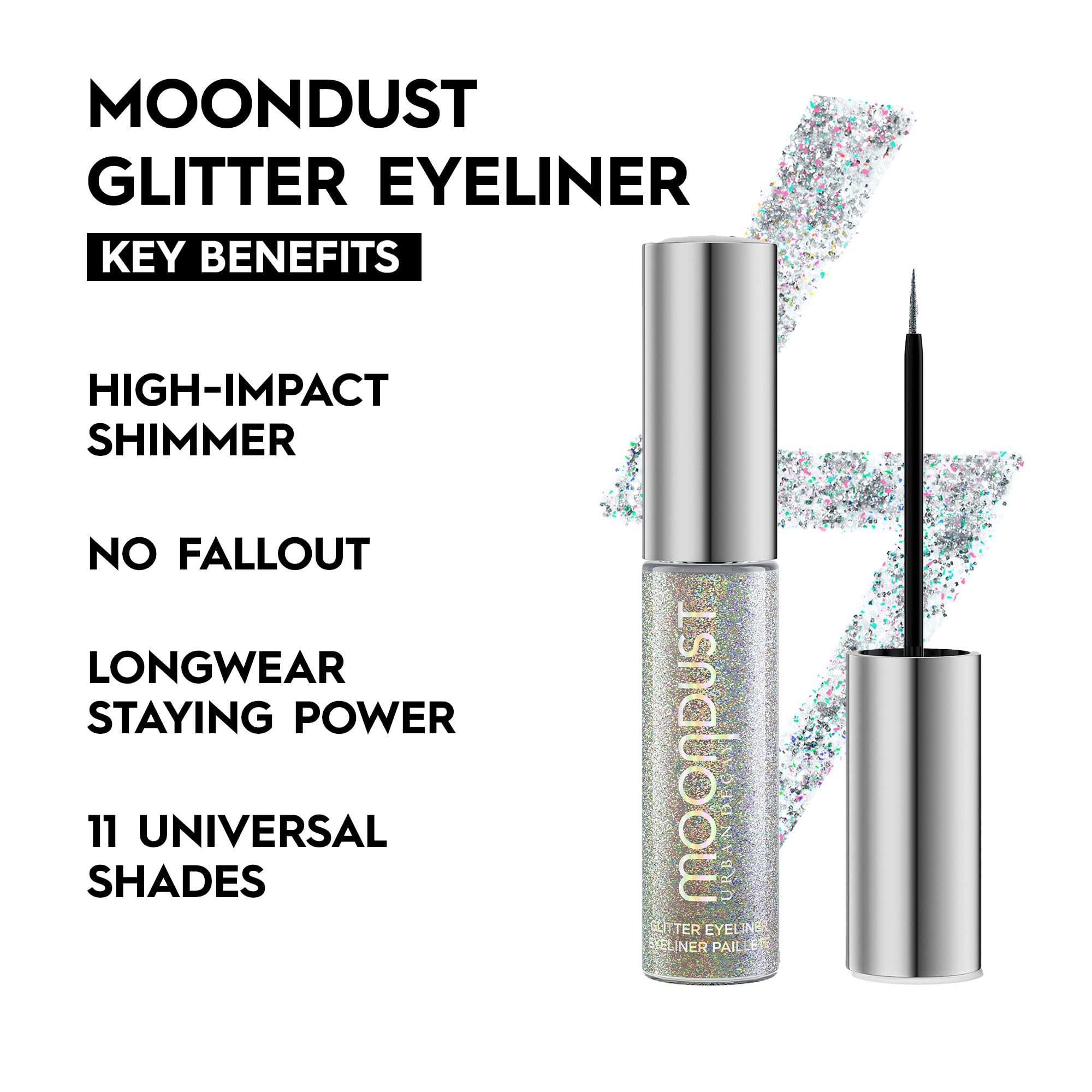 Urban Decay Moondust Disco Daydream swatch shows silver holographic sparkle.